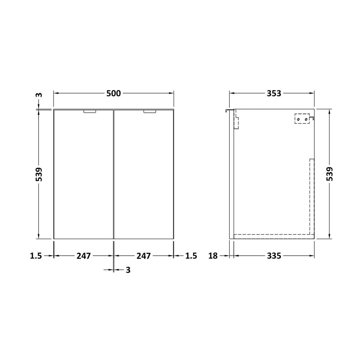 [BFDY3035] 500 2-Door Wall Hung Unit (355MM) - Technical Drawing