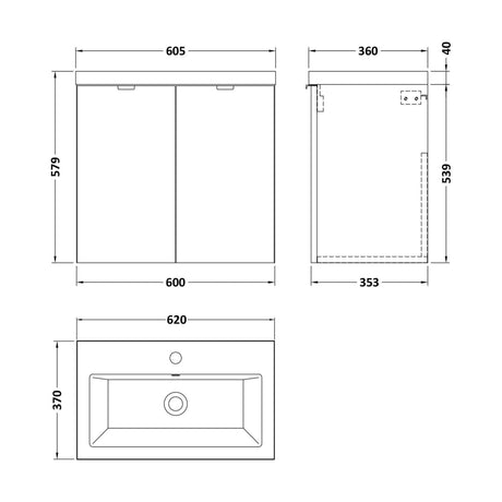 [BFDY3036A] Alrewas Contemporary 2 Door Wall Hung Vanity Unit with Basin, Bleached Oak, 600mm - Technical Drawing