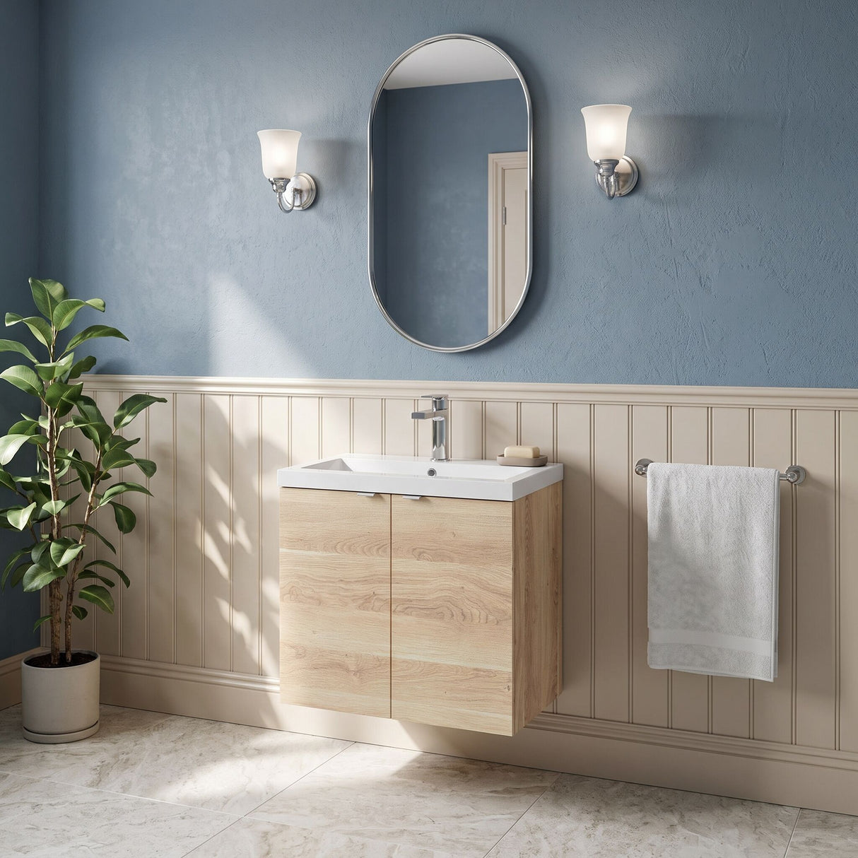 [BFDY3036A] Alrewas Contemporary 2 Door Wall Hung Vanity Unit with Basin, Bleached Oak, 600mm - Lifestyle 3