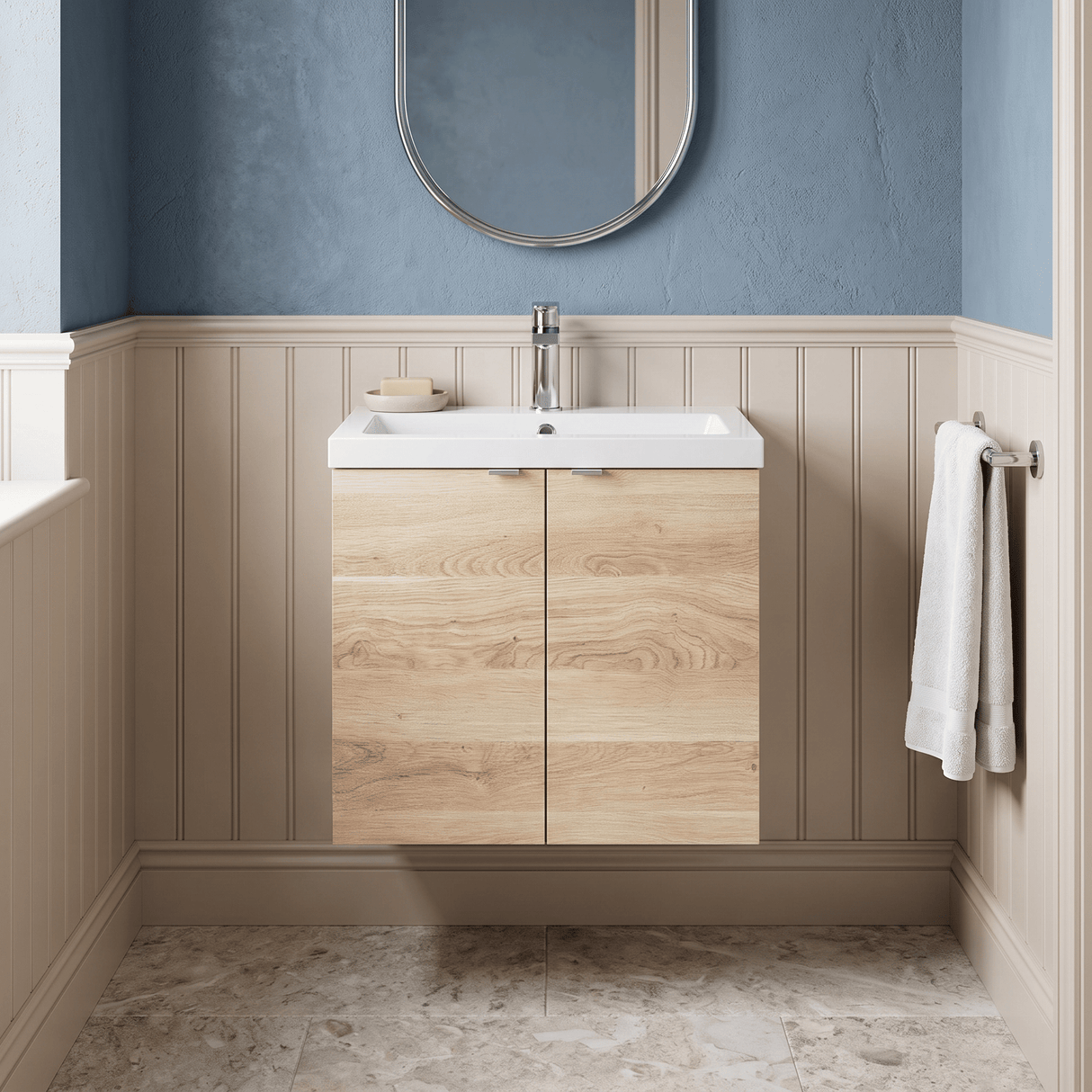 [BFDY3036A] Alrewas Contemporary 2 Door Wall Hung Vanity Unit with Basin, Bleached Oak, 600mm - Silo