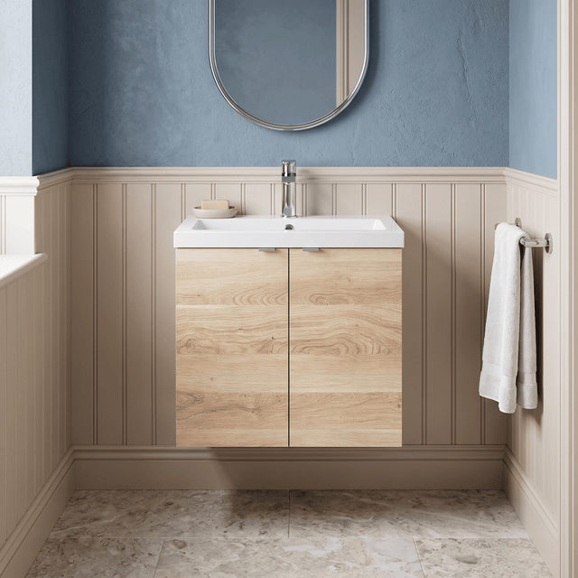 [BFDY3036A] Alrewas Contemporary 2 Door Wall Hung Vanity Unit with Basin, Bleached Oak, 600mm - Silo