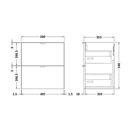 [BFDY3036] 500 2-Drawer Wall Hung Unit (355MM) - Technical Drawing