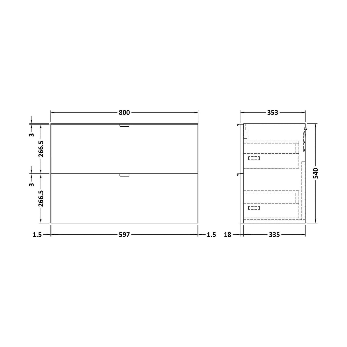 [BFDY3039] 800 2-Drawer Wall Hung Unit (355MM) - Technical Drawing