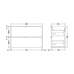 [BFDY3039] 800 2-Drawer Wall Hung Unit (355MM) - Technical Drawing