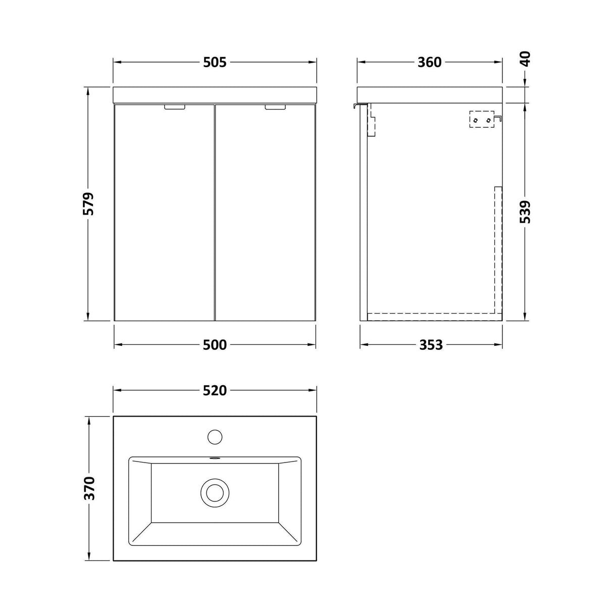 [BFDY3040A] Alrewas Contemporary 2 Door Wall Hung Vanity Unit with Ceramic Basin, 500mm, Choice of Colour - Technical Drawing