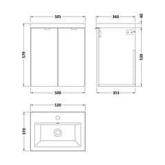 [BFDY3040A] Alrewas Contemporary 2 Door Wall Hung Vanity Unit with Ceramic Basin, 500mm, Choice of Colour - Technical Drawing