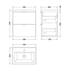 [BFDY3041A] Alrewas Contemporary 2 Drawer Wall Hung Vanity Unit with Ceramic Basin, 500mm, Choice of Colour - Technical Drawing