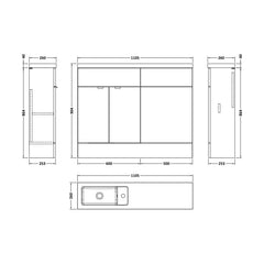[BFDY3201] Alrewas Contemporary 2 Door Floor Standing Compact Combination Unit with Basin, Pebble Grey, 1100mm - Technical Drawing