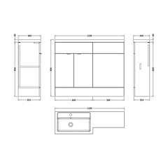 [BFDY3202] Alrewas Contemporary 2 Door Left-Hand Floor Standing Combination Unit with Basin, Pebble Grey, 1100mm - Technical Drawing