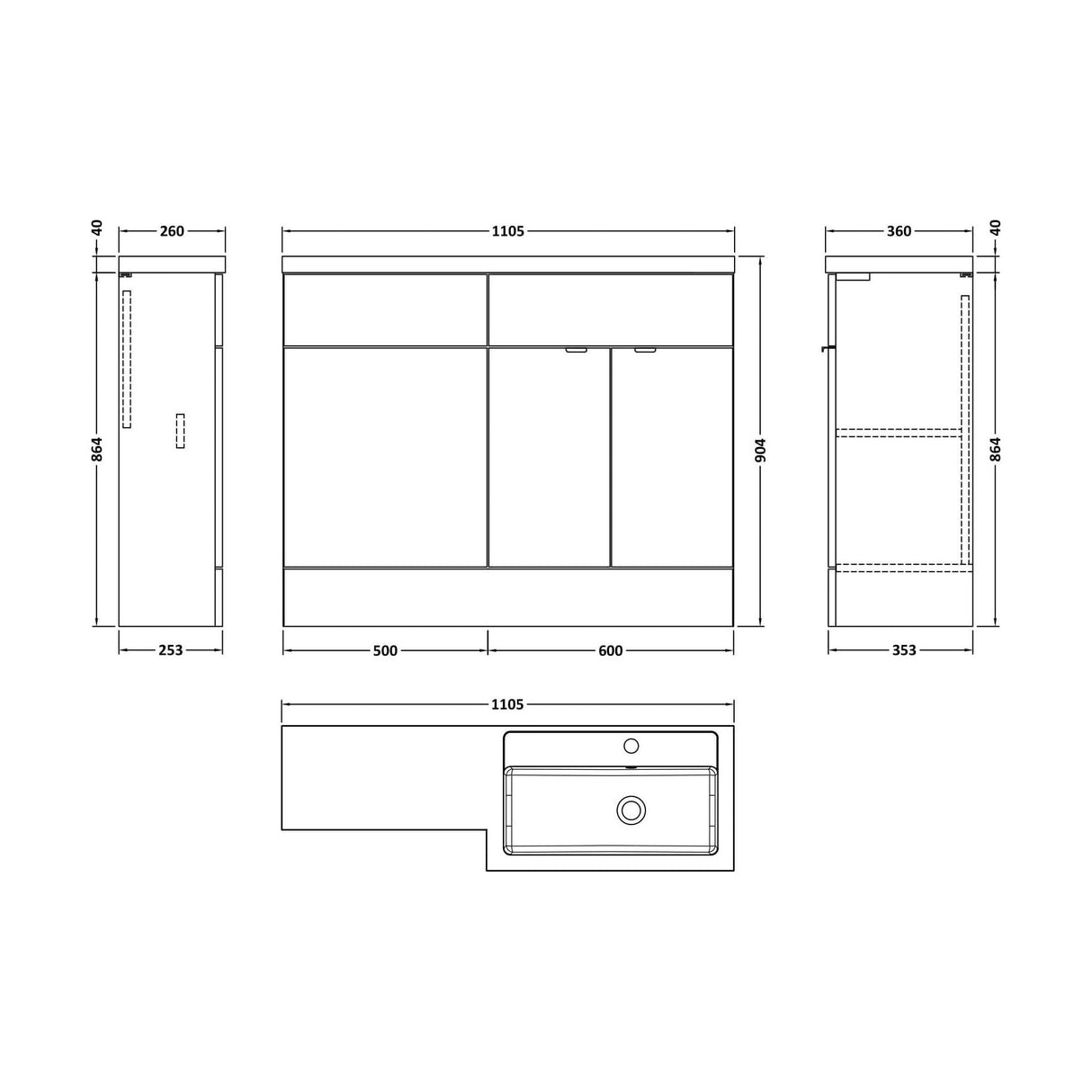 [BFDY3203] Alrewas Contemporary 2 Door Right-Hand Floor Standing Combination Unit with Basin, Pebble Grey, 1100mm - Technical Drawing
