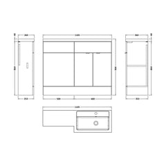 [BFDY3203] Alrewas Contemporary 2 Door Right-Hand Floor Standing Combination Unit with Basin, Pebble Grey, 1100mm - Technical Drawing