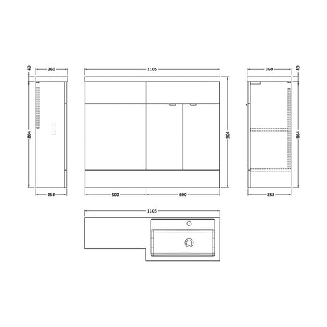 [BFDY3203] Alrewas Contemporary 2 Door Right-Hand Floor Standing Combination Unit with Basin, Pebble Grey, 1100mm - Technical Drawing