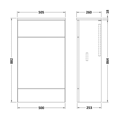 [BFDY3204A] Alrewas Contemporary Floor Standing WC Unit, Pebble Grey, 500mm - Technical Drawing