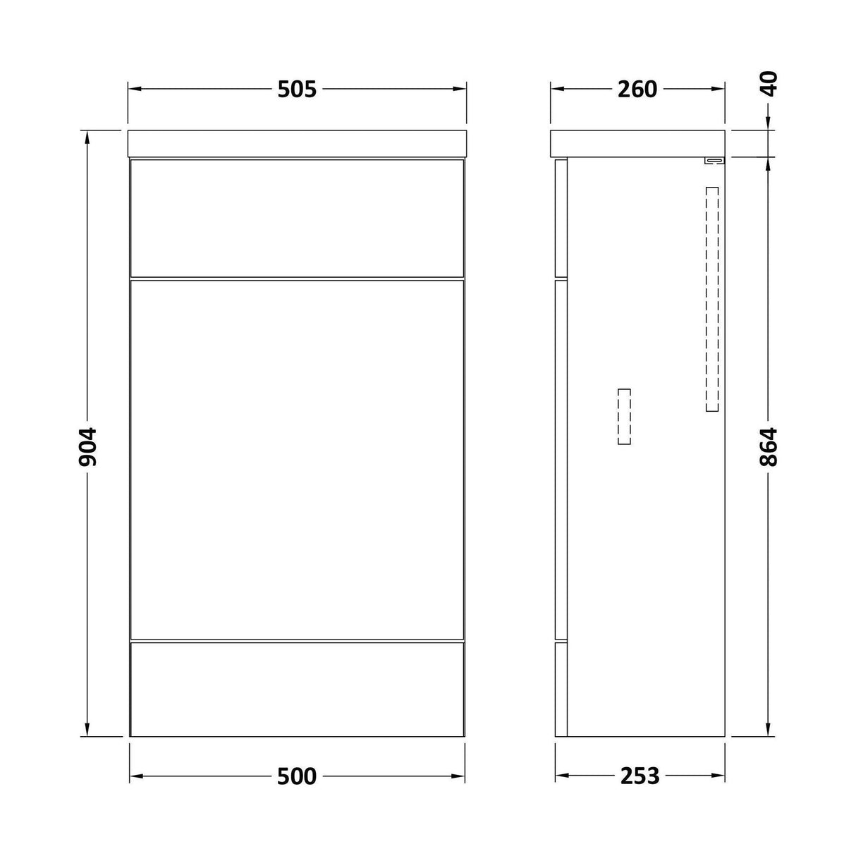 [BFDY3204] Alrewas Contemporary Floor Standing Compact WC Unit, Pebble Grey, 500mm - Technical Drawing