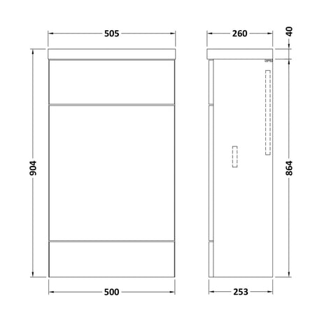 [BFDY3204] Alrewas Contemporary Floor Standing Compact WC Unit, Pebble Grey, 500mm - Technical Drawing