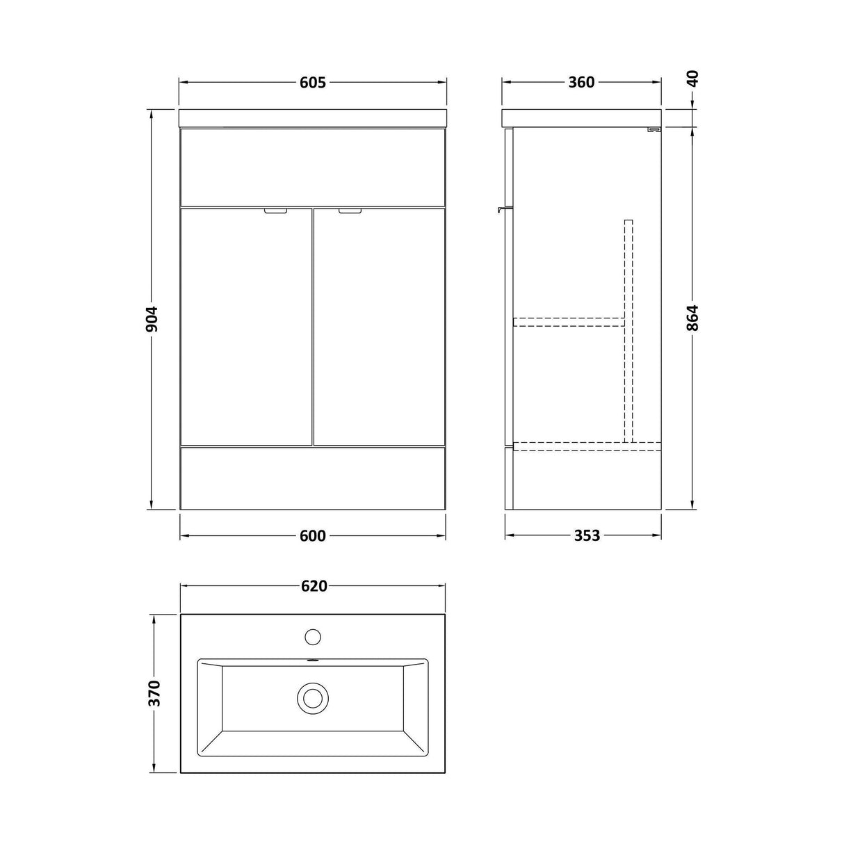 [BFDY3207A] Alrewas Contemporary 2 Door Floor Standing Vanity Unit with Basin, 600mm, Choice of Colour - Technical Drawing