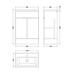[BFDY3207A] Alrewas Contemporary 2 Door Floor Standing Vanity Unit with Basin, 600mm, Choice of Colour - Technical Drawing