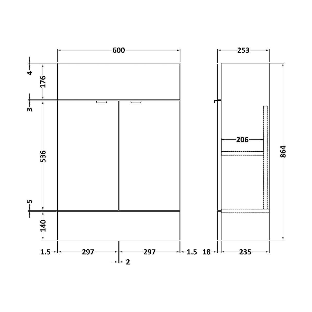 [BFDY3207] 600 Vanity Unit (255mm Deep) - Technical Drawing