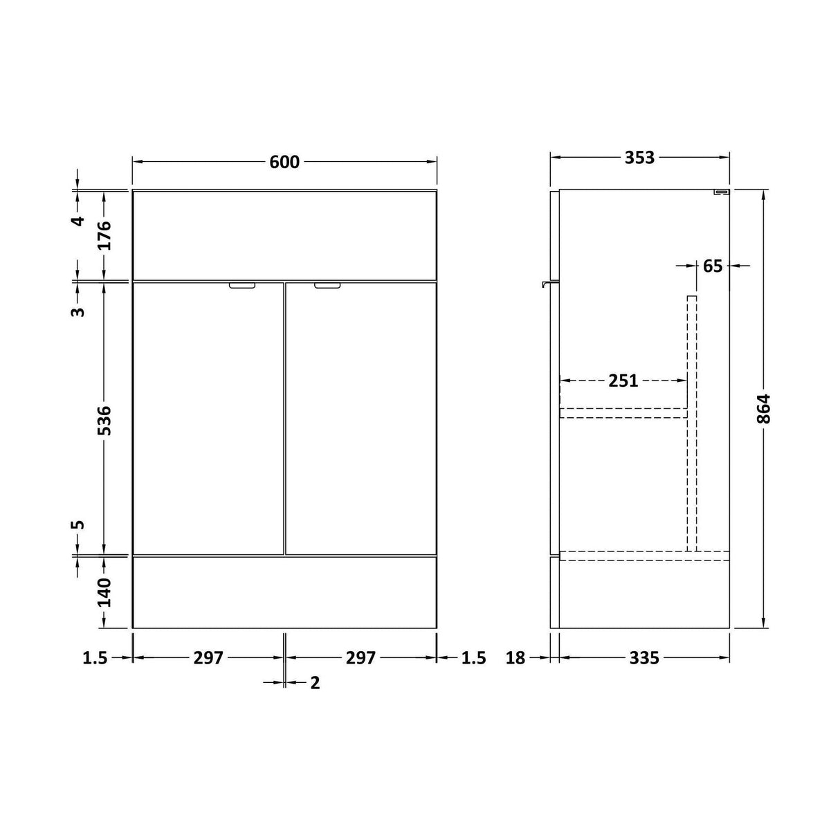 [BFDY3208] 600 Vanity Unit (355mm Deep) - Technical Drawing