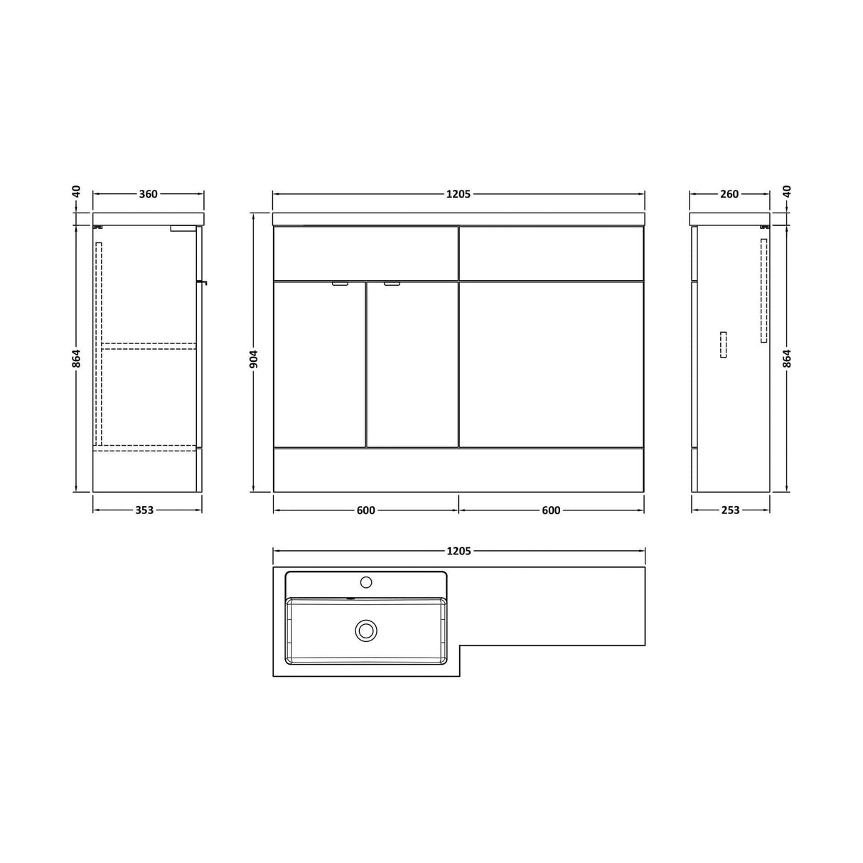 [BFDY3209] Alrewas Contemporary 2 Door Left-Hand Floor Standing Combination Unit with Basin, Pebble Grey, 1200mm - Technical Drawing