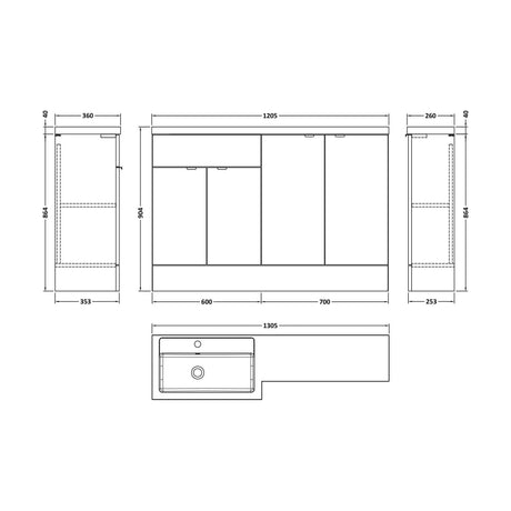 [BFDY3211] Alrewas Contemporary 2 Door Left-Hand Floor Standing Combination Unit with Basin, Pebble Grey, 1200mm - Technical Drawing