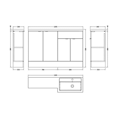 [BFDY3212] Alrewas Contemporary 2 Door Right-Hand Floor Standing Combination Unit with Basin, Pebble Grey, 1200mm - Technical Drawing