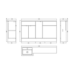 [BFDY3213] Alrewas Contemporary 2 Door Left-Hand Floor Standing Combination Unit with Basin, Pebble Grey, 1500mm - Technical Drawing