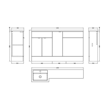 [BFDY3213] Alrewas Contemporary 2 Door Left-Hand Floor Standing Combination Unit with Basin, Pebble Grey, 1500mm - Technical Drawing