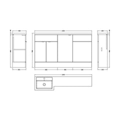 [BFDY3215] Alrewas Contemporary 2 Door Left-Hand Floor Standing Combination Unit with Basin, Pebble Grey, 1500mm - Technical Drawing