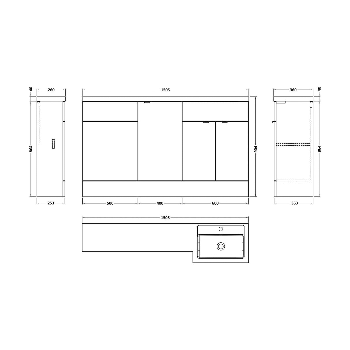 [BFDY3216] Alrewas Contemporary 2 Door Right-Hand Floor Standing Combination Unit with Basin, Pebble Grey, 1500mm - Technical Drawing