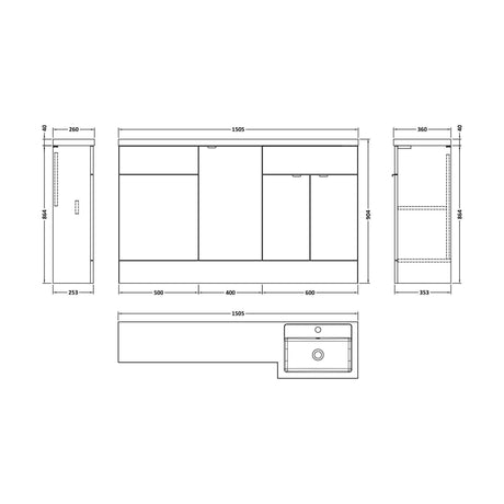 [BFDY3216] Alrewas Contemporary 2 Door Right-Hand Floor Standing Combination Unit with Basin, Pebble Grey, 1500mm - Technical Drawing