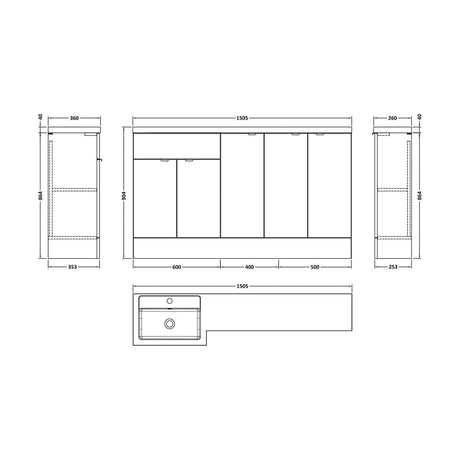 [BFDY3217] Alrewas Contemporary 2 Door Left-Hand Floor Standing Combination Unit with Basin, Pebble Grey, 1500mm - Technical Drawing