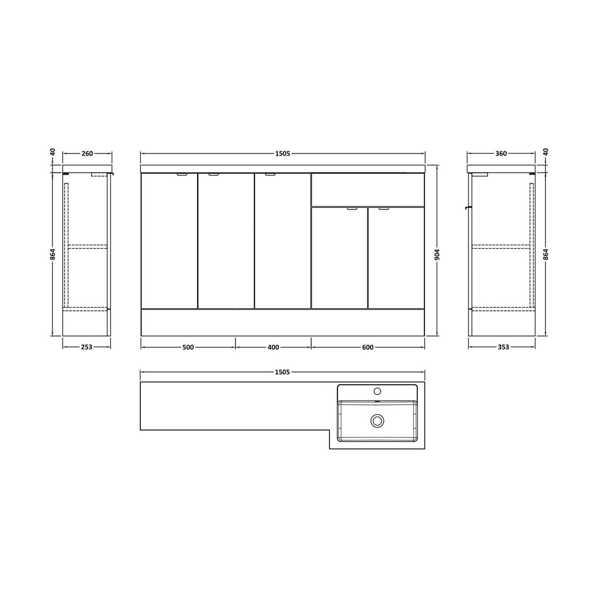 [BFDY3218] Alrewas Contemporary 2 Door Right-Hand Floor Standing Combination Unit with Basin, Pebble Grey, 1500mm - Technical Drawing