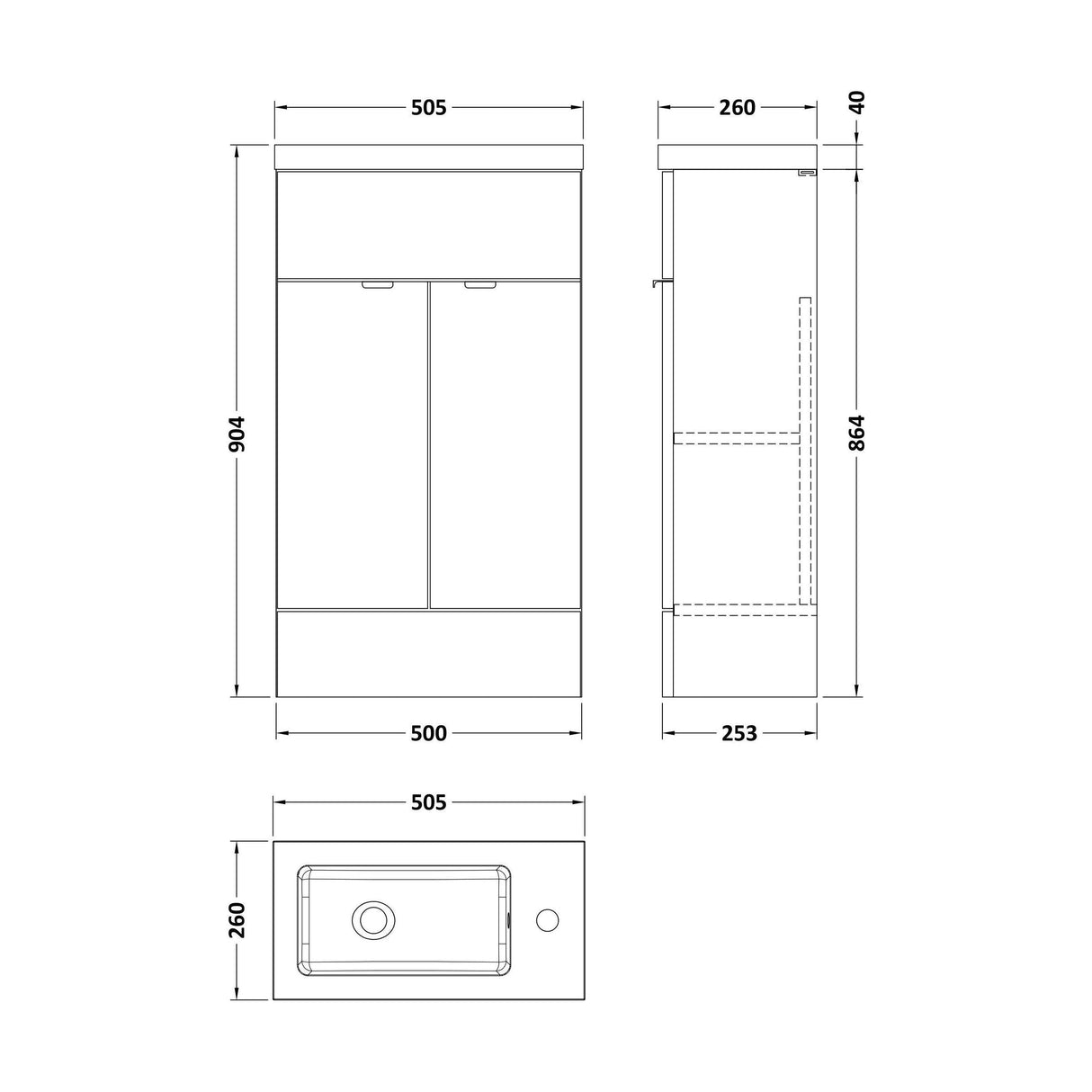 [BFDY3222] Alrewas Contemporary 2 Door Floor Standing Compact Vanity Unit with Basin, Pebble Grey, 500mm - Technical Drawing