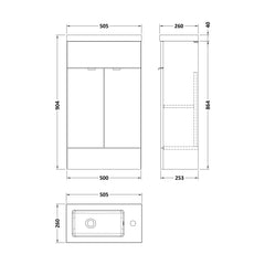 [BFDY3222] Alrewas Contemporary 2 Door Floor Standing Compact Vanity Unit with Basin, Pebble Grey, 500mm - Technical Drawing