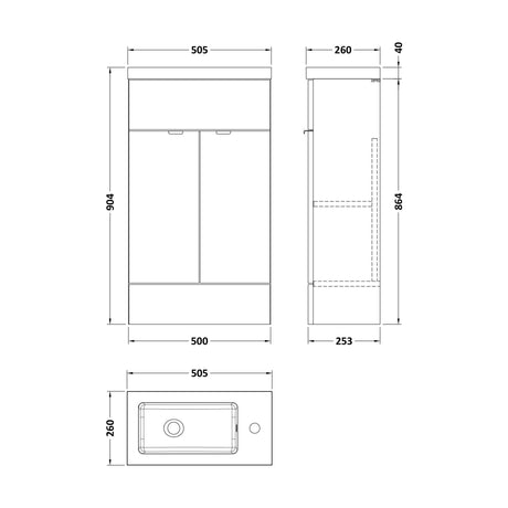 [BFDY3222] Alrewas Contemporary 2 Door Floor Standing Compact Vanity Unit with Basin, Pebble Grey, 500mm - Technical Drawing