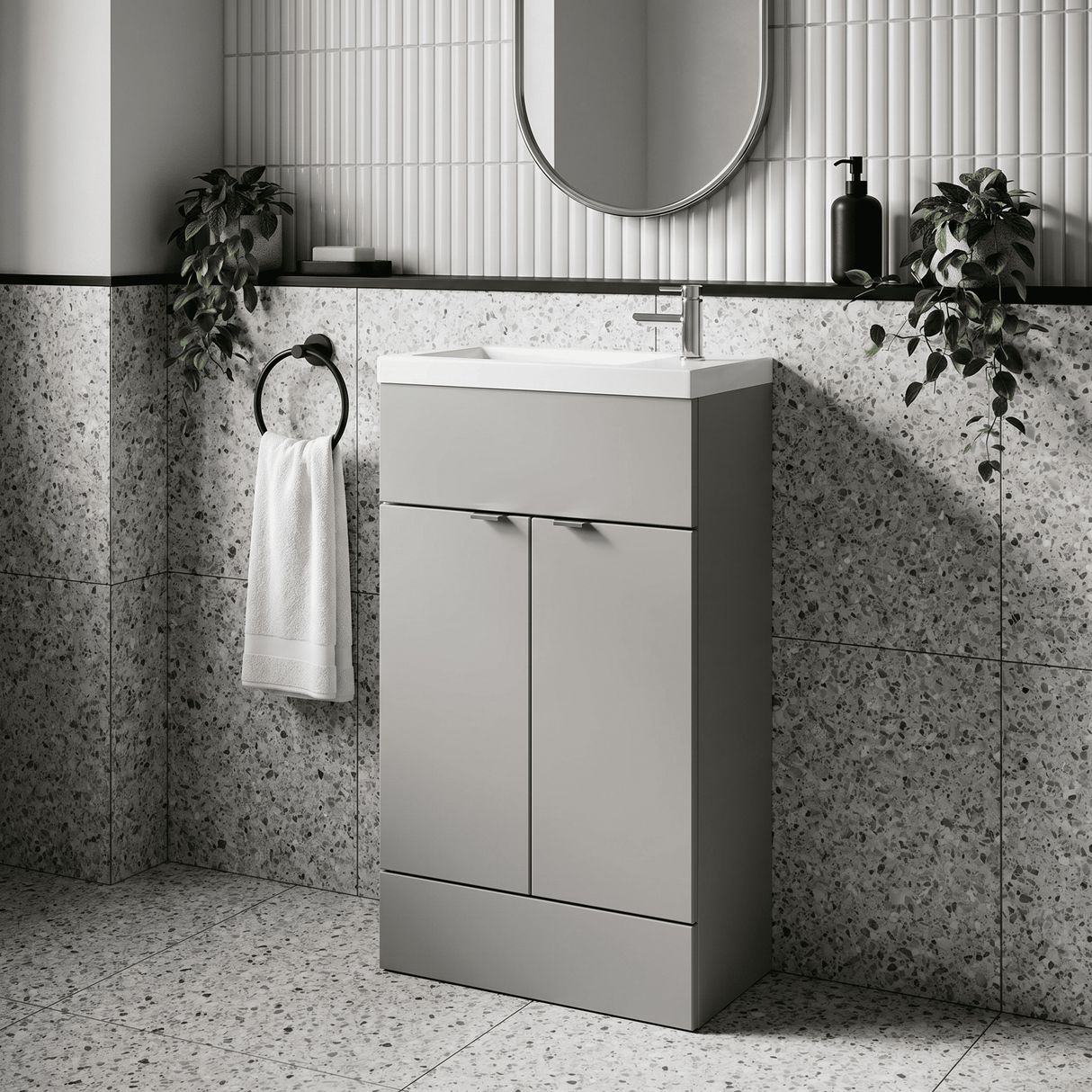 [BFDY3222] Alrewas Contemporary 2 Door Floor Standing Compact Vanity Unit with Basin, Pebble Grey, 500mm - Lifestyle 1