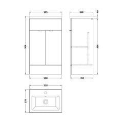 [BFDY3224A] Alrewas Contemporary 2 Door Floor Standing Vanity Unit with Basin, 500mm, Choice of Colour - Technical Drawing