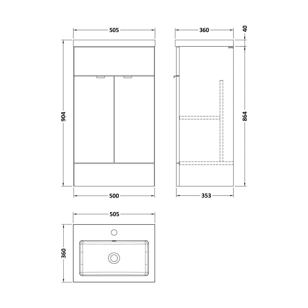 [BFDY3224] Alrewas Contemporary 2 Door Floor Standing Vanity Unit with Basin, Pebble Grey, 500mm - Technical Drawing