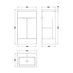 [BFDY3224] Alrewas Contemporary 2 Door Floor Standing Vanity Unit with Basin, Pebble Grey, 500mm - Technical Drawing