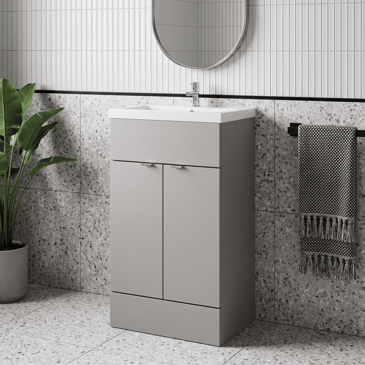 [BFDY3224] Alrewas Contemporary 2 Door Floor Standing Vanity Unit with Basin, Pebble Grey, 500mm - Lifestyle 1