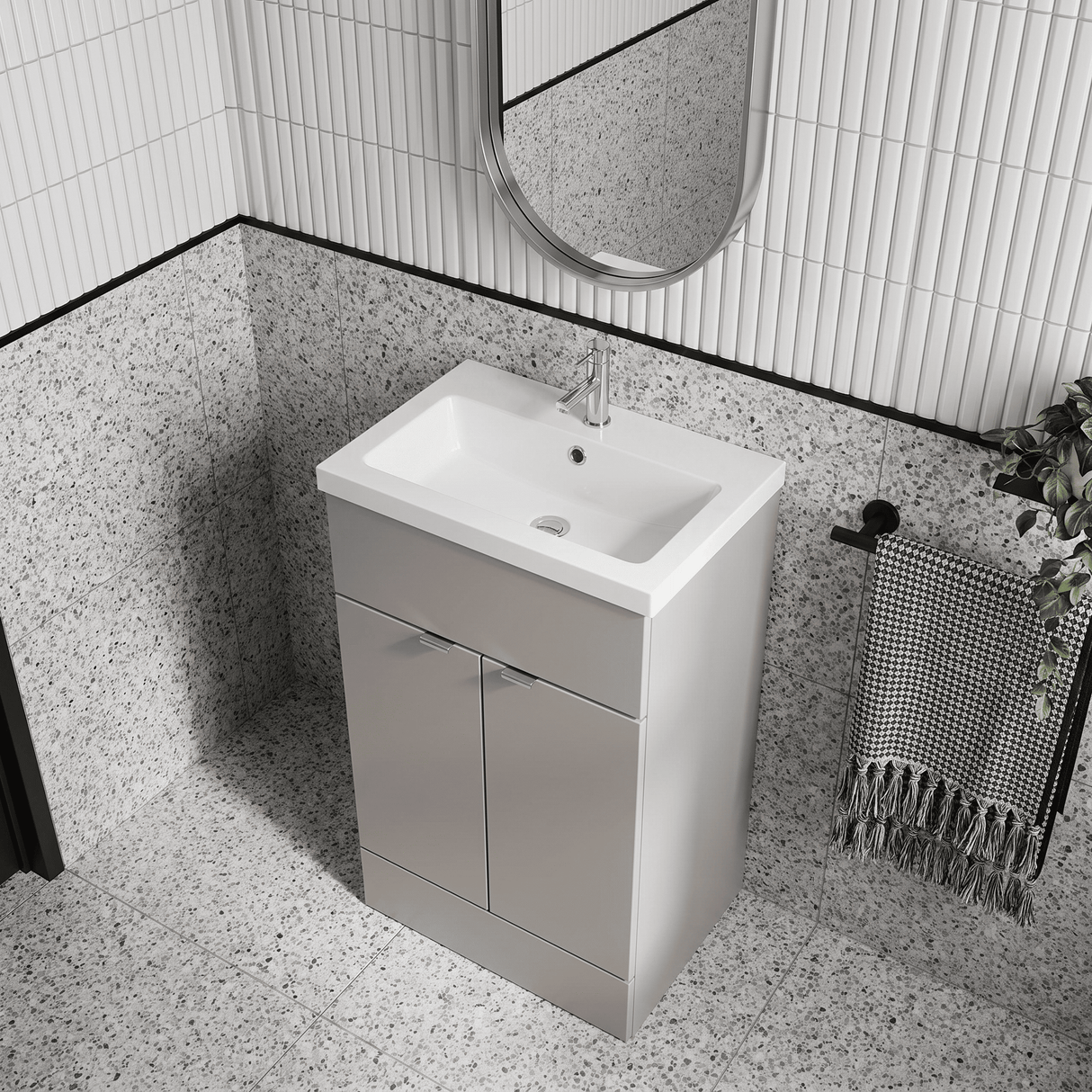 [BFDY3224] Alrewas Contemporary 2 Door Floor Standing Vanity Unit with Basin, Pebble Grey, 500mm - Lifestyle 2