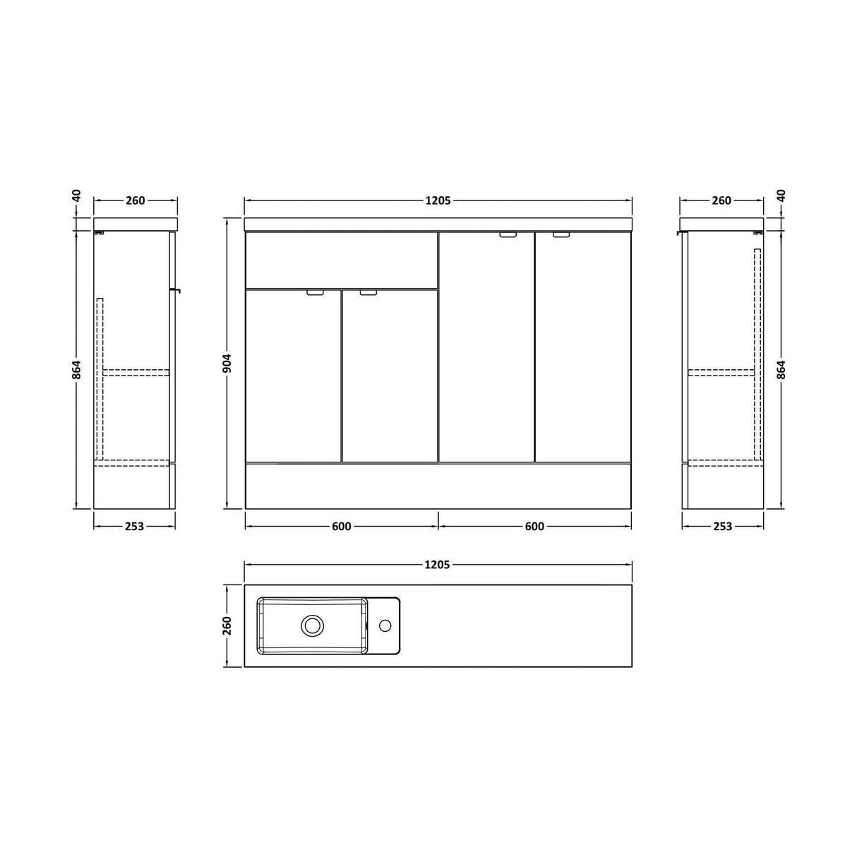 [BFDY3225] Alrewas Contemporary 2 Door Floor Standing Compact Combination Unit with Basin, Pebble Grey, 1200mm - Technical Drawing