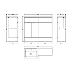 [BFDY3226] Alrewas Contemporary 2 Door Left-Hand Floor Standing Combination Unit with Basin, Pebble Grey, 1000mm - Technical Drawing