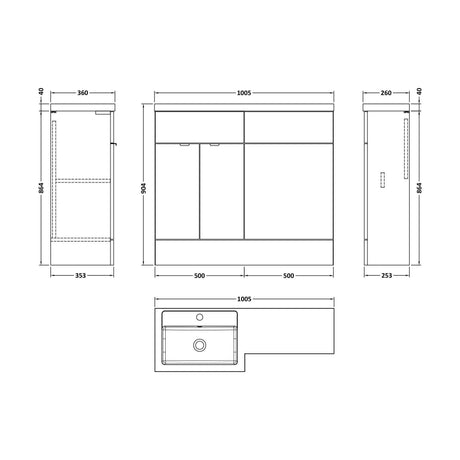 [BFDY3226] Alrewas Contemporary 2 Door Left-Hand Floor Standing Combination Unit with Basin, Pebble Grey, 1000mm - Technical Drawing
