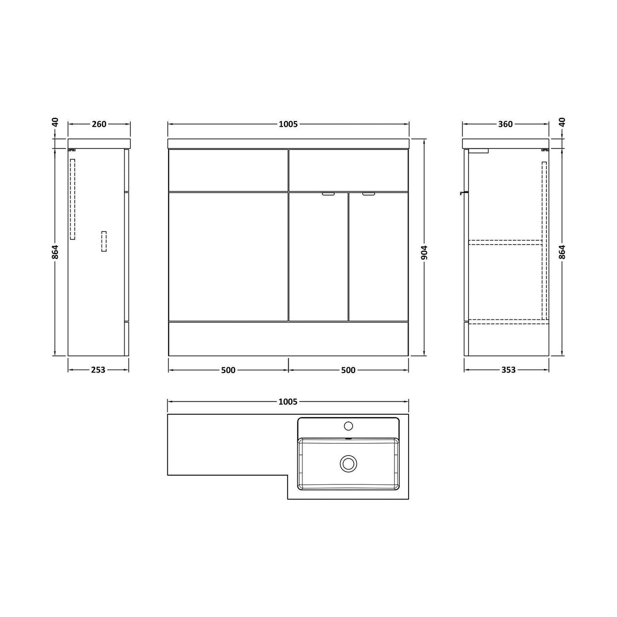 [BFDY3227] Alrewas Contemporary 2 Door Right-Hand Floor Standing Combination Unit with Basin, Pebble Grey, 1000mm - Technical Drawing