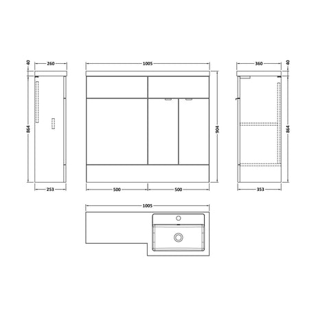 [BFDY3227] Alrewas Contemporary 2 Door Right-Hand Floor Standing Combination Unit with Basin, Pebble Grey, 1000mm - Technical Drawing