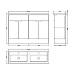 [BFDY3234] Alrewas Contemporary 4 Door Floor Standing Vanity Unit with Basin, Pebble Grey, 1200mm - Technical Drawing