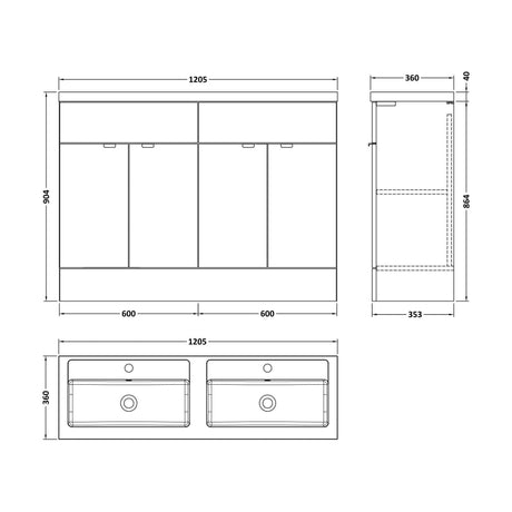 [BFDY3234] Alrewas Contemporary 4 Door Floor Standing Vanity Unit with Basin, Pebble Grey, 1200mm - Technical Drawing