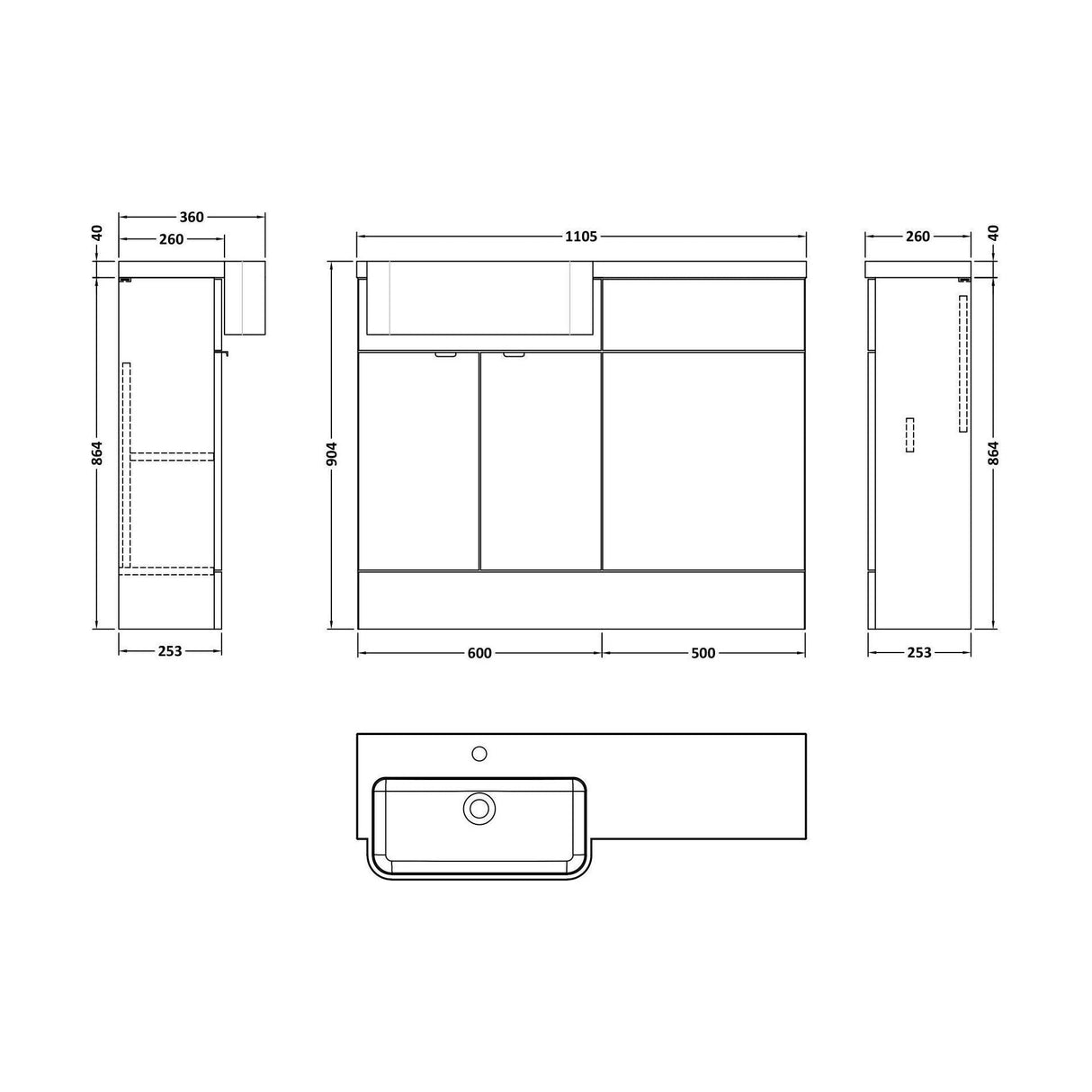 [BFDY3246] Alrewas Contemporary 2 Door Left-Hand Floor Standing Combination Unit with Basin, Pebble Grey, 1100mm - Technical Drawing